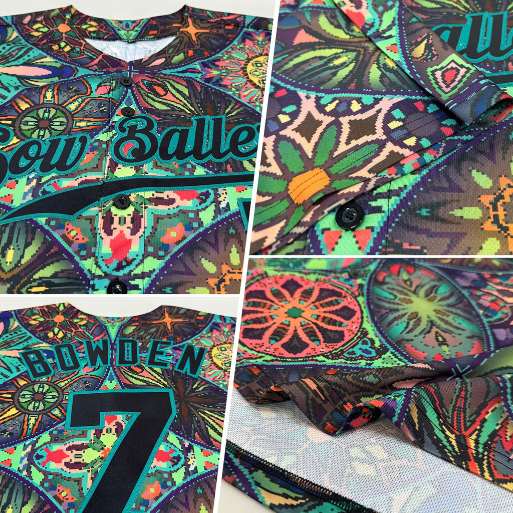 Custom Black Black-Teal 3D Pattern Design Mandalas Authentic Baseball Jersey