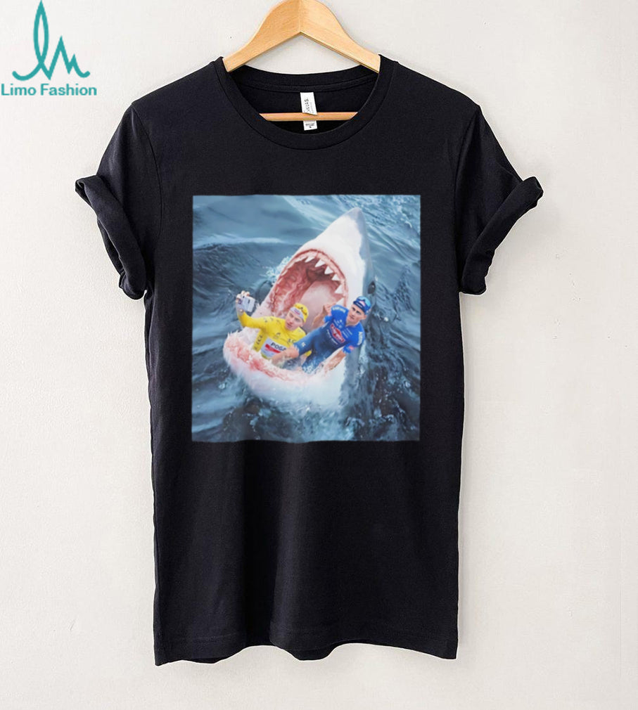 Mathieu van der Poel & Tadej Pogačar taking selfie inside shark’s mouth funny shirt