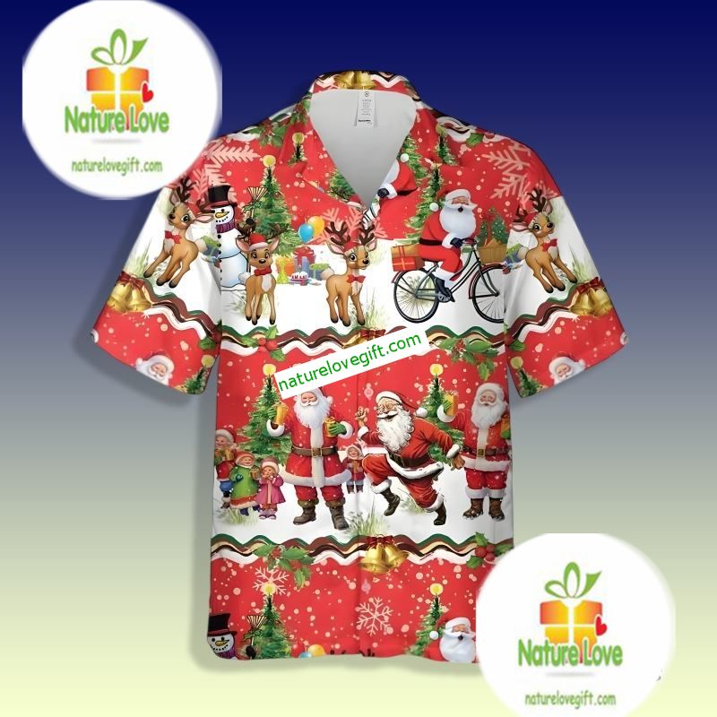 Merry Christmas Santa Claus And Reindeer Red Printed Hawaiian Shirts