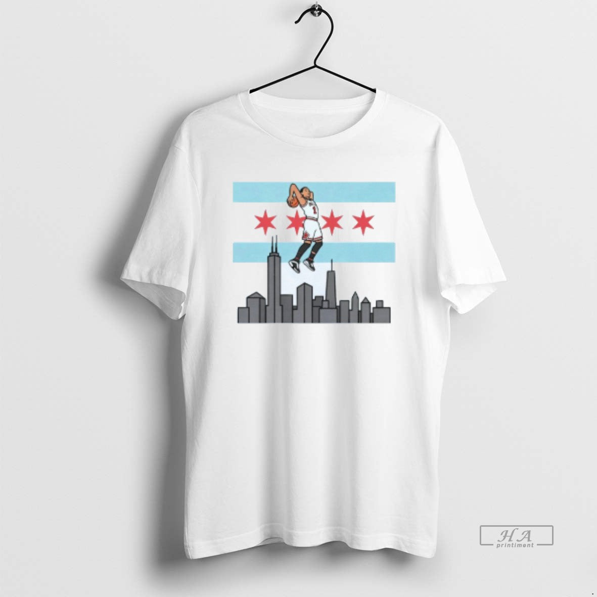 Official Derrick Rose Chicago Bulls Skyline Flag Mens White Tee