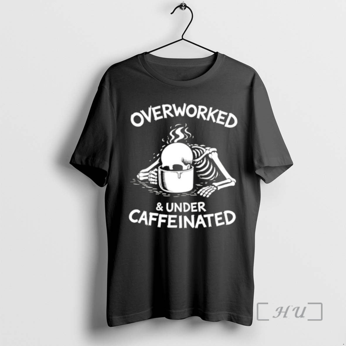 Officials Overworked Under Caffeinated Skeleton Drinking Coffee Graphic