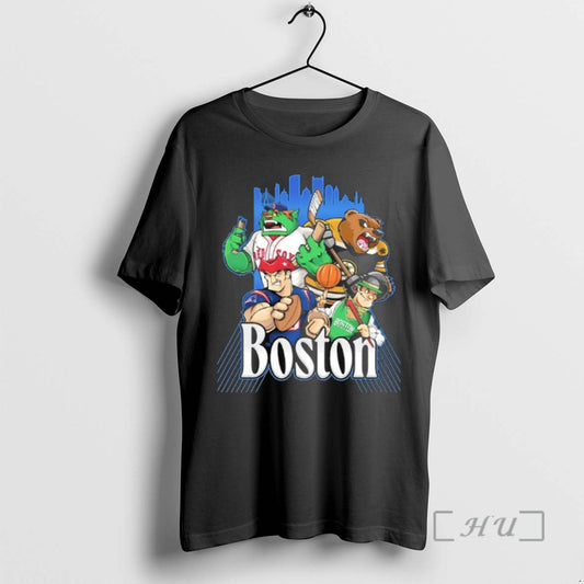 Officials Red Sox Bruins Patriots And Celtics Boston City Skyline Mascot Premium T Shirts Sweater