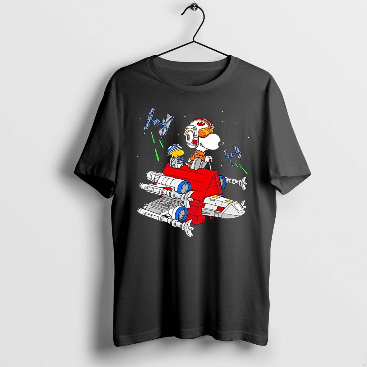 Original Peanuts Star Wars Snoopy Flying A Red Doghouse X Wing Fighter Black Tshirts