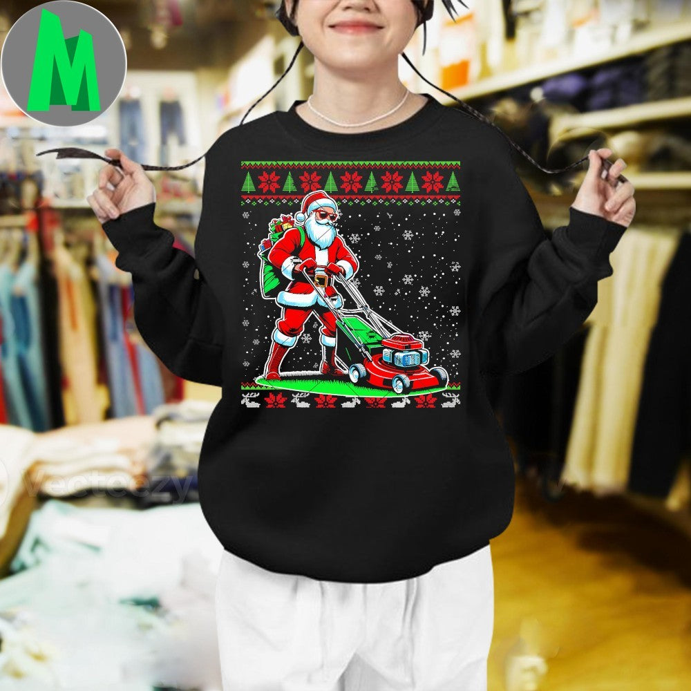 Original Santa Claus Mowing Lawn Ugly Christmas Shirt