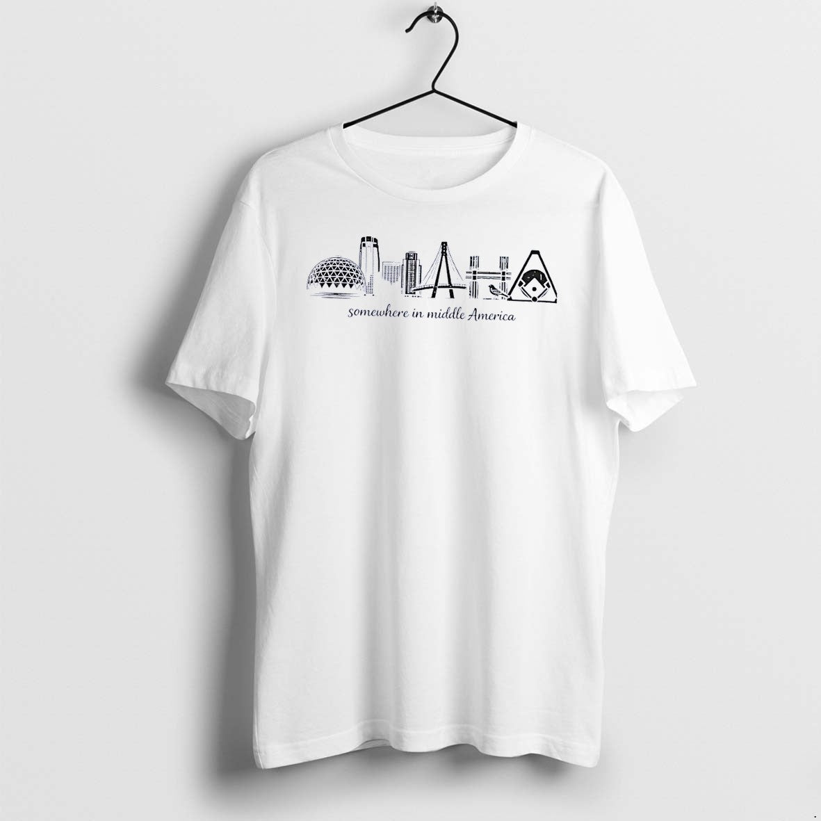 Original Somewhere In Middle America Omaha Skyline Bird Baseball White Tshirts
