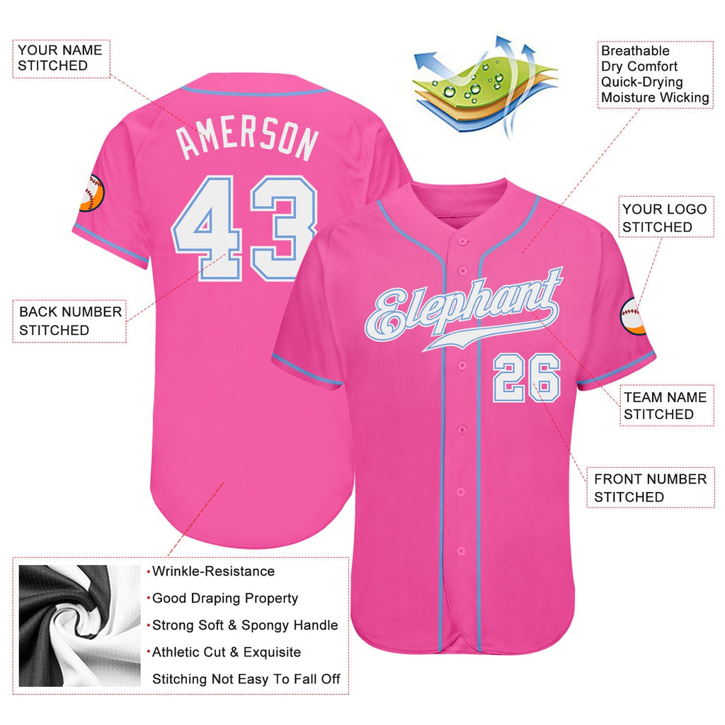 Custom Pink White-Light Blue Authentic Baseball Jersey