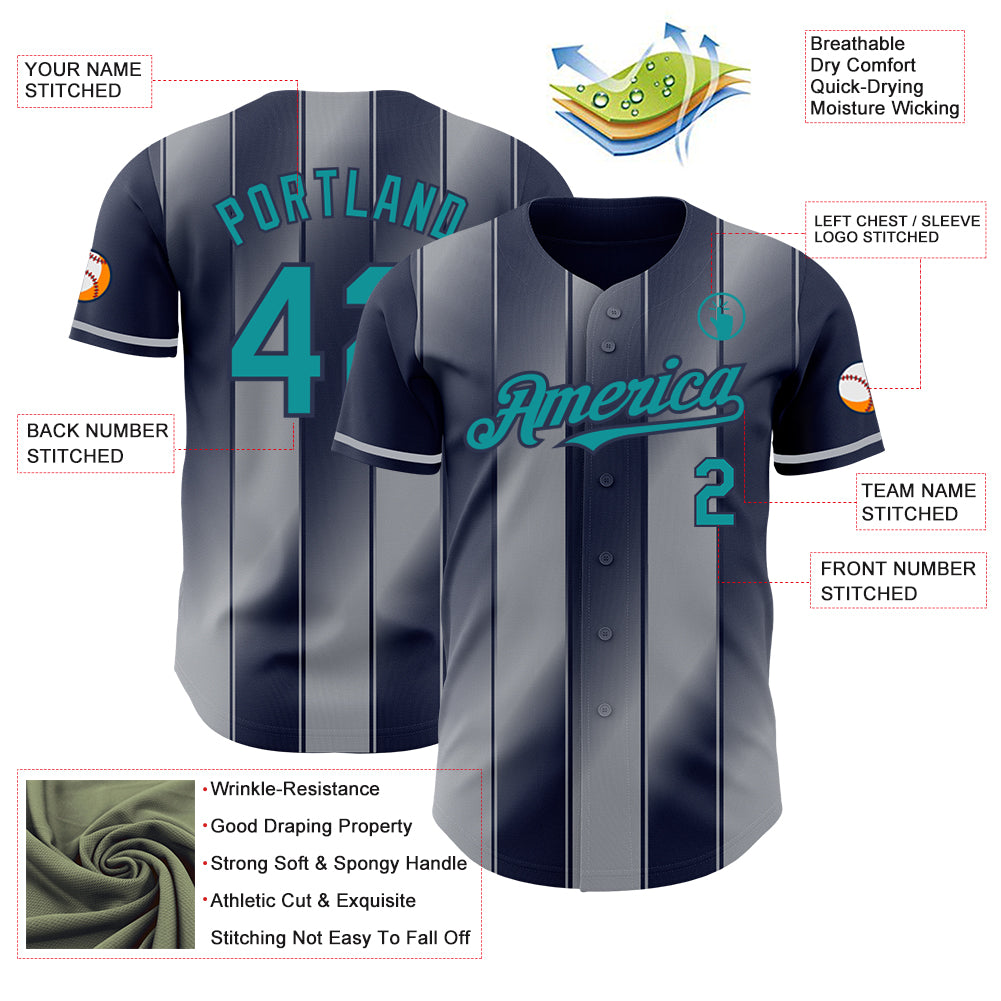 Custom Navy Teal-Gray Gradient Classic Vertical Stripe Authentic Baseball Jersey