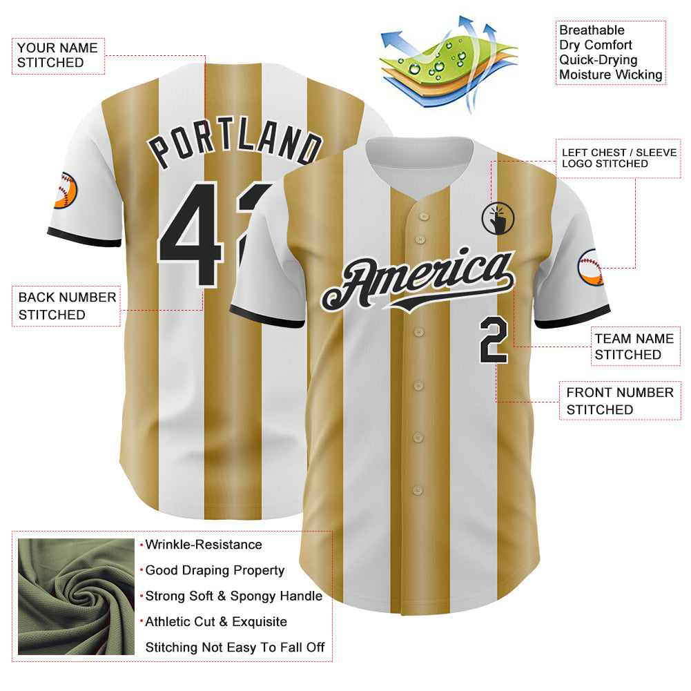 Custom White Black-Old Gold Gradient Vertical Stripe Argentina Style Authentic Baseball Jersey