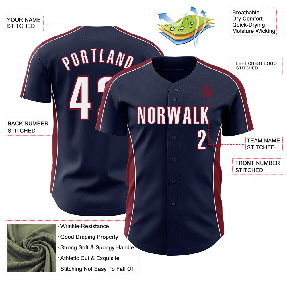 Custom Navy White-Crimson Classic Color Block Side Panel Stripe Authentic Baseball Jersey