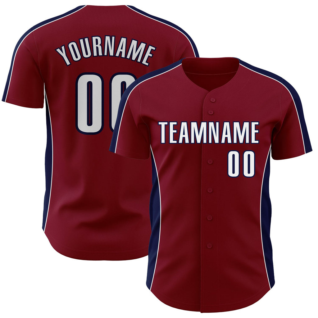 Custom Crimson White-Navy Classic Color Block Side Panel Stripe Authentic Baseball Jersey
