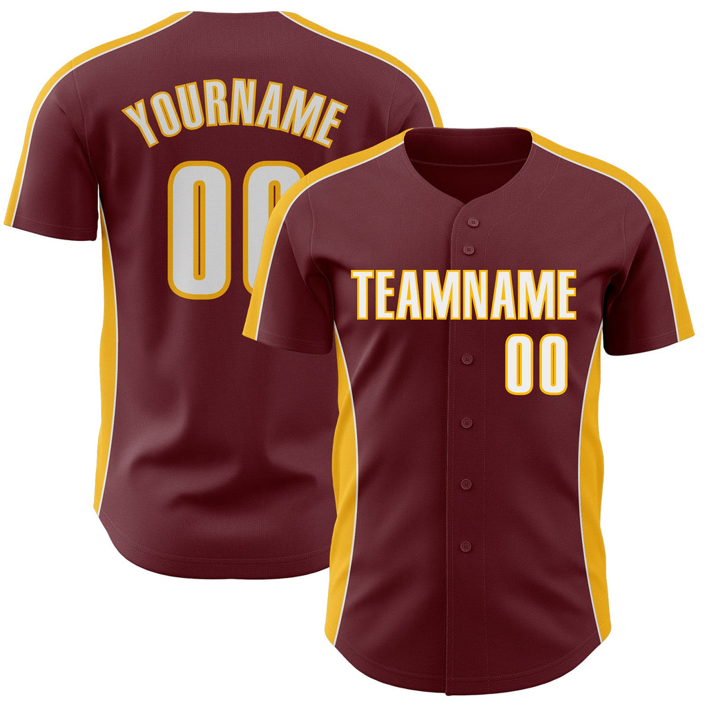 Custom Burgundy White-Gold Classic Color Block Side Panel Stripe Authentic Baseball Jersey