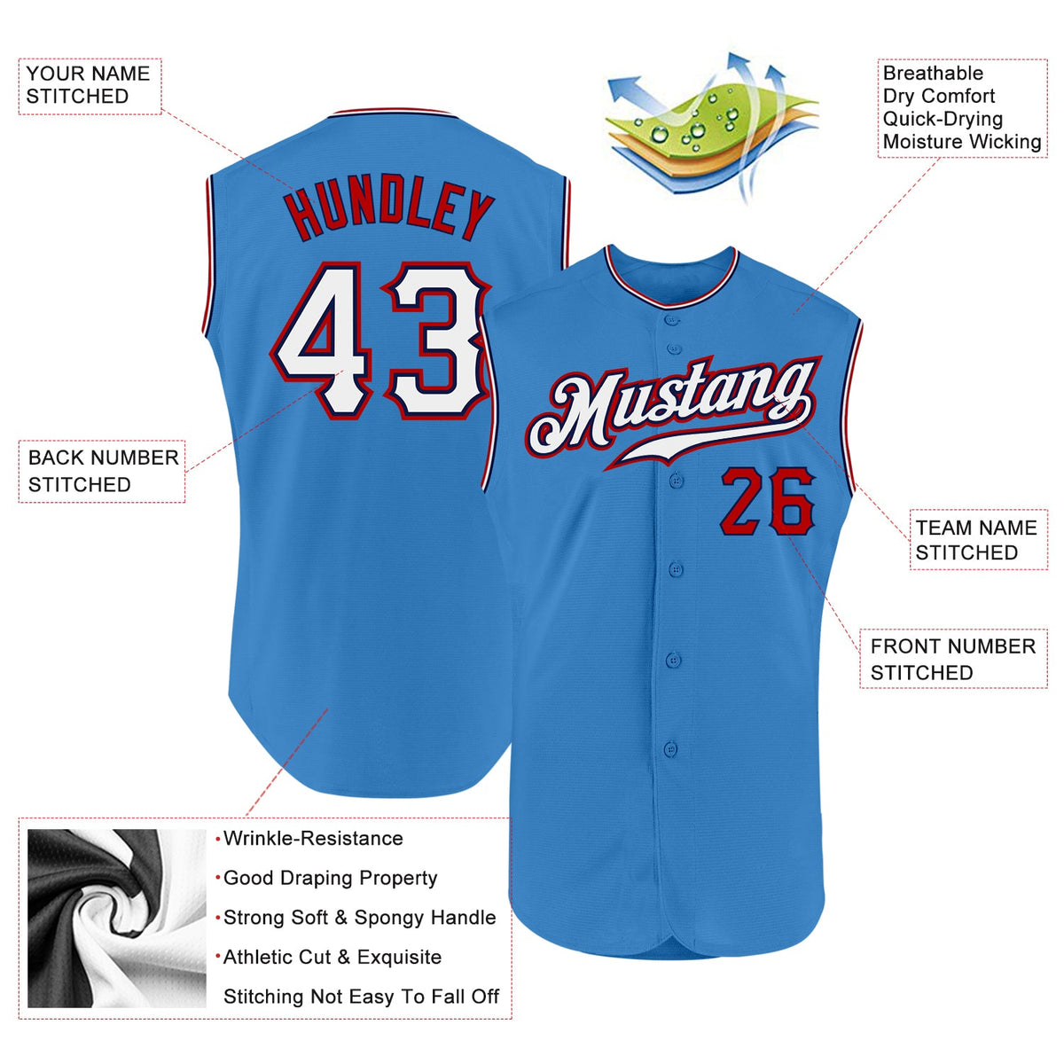 Custom Powder Blue White-Red Authentic Sleeveless Baseball Jersey