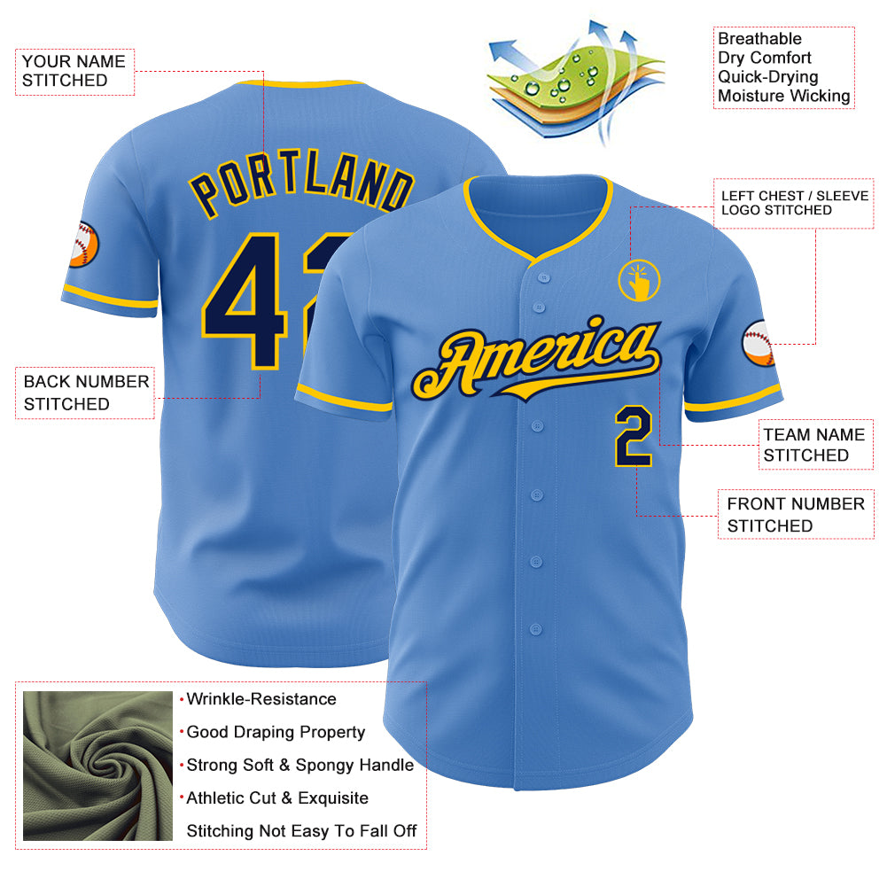 Custom Powder Blue Navy-Yellow Authentic Baseball Jersey