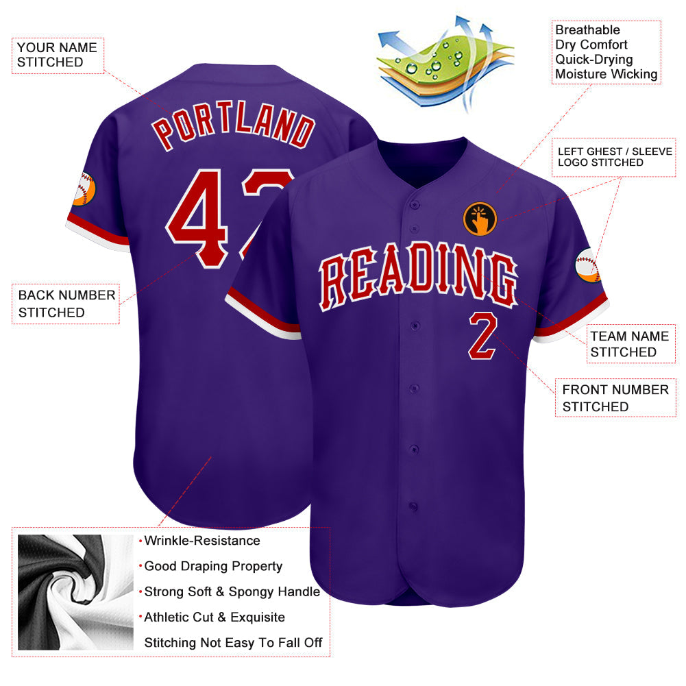 Custom Purple Red-White Authentic Baseball Jersey
