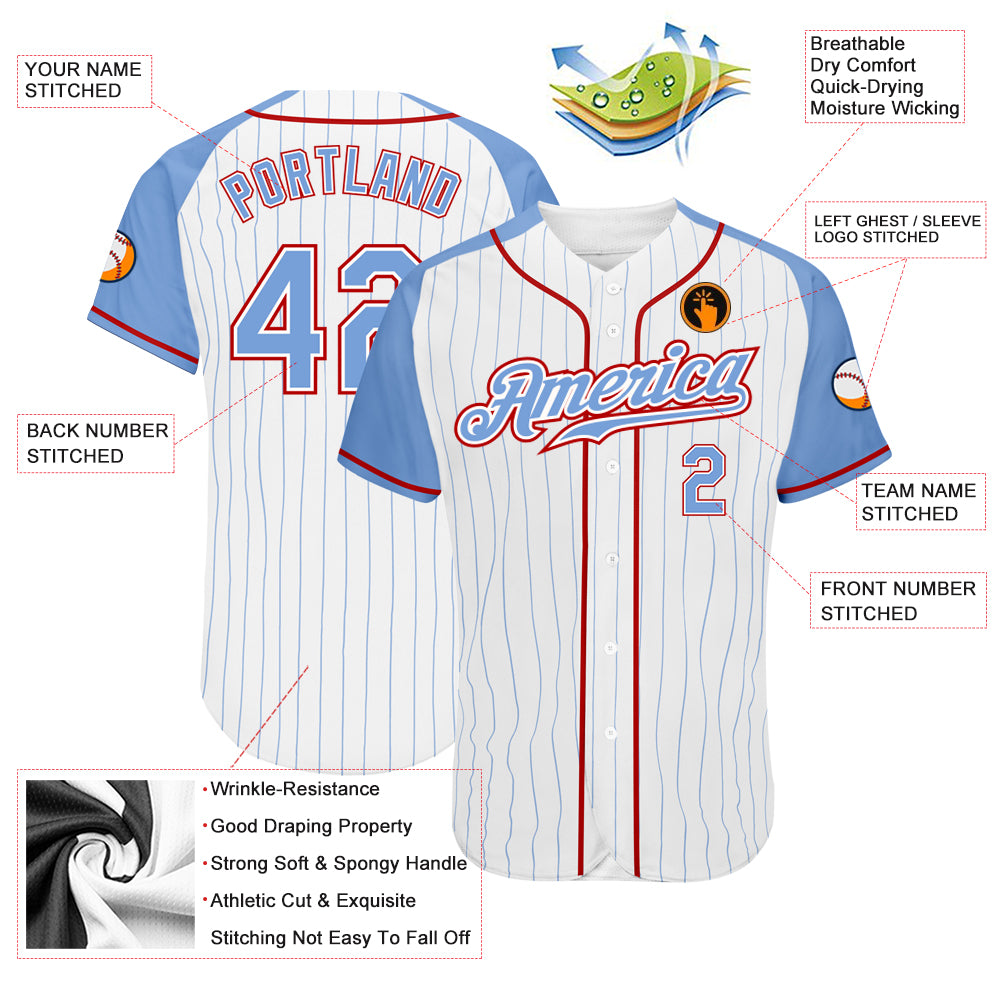 Custom White Light Blue Pinstripe Light Blue-Red Authentic Raglan Sleeves Baseball Jersey