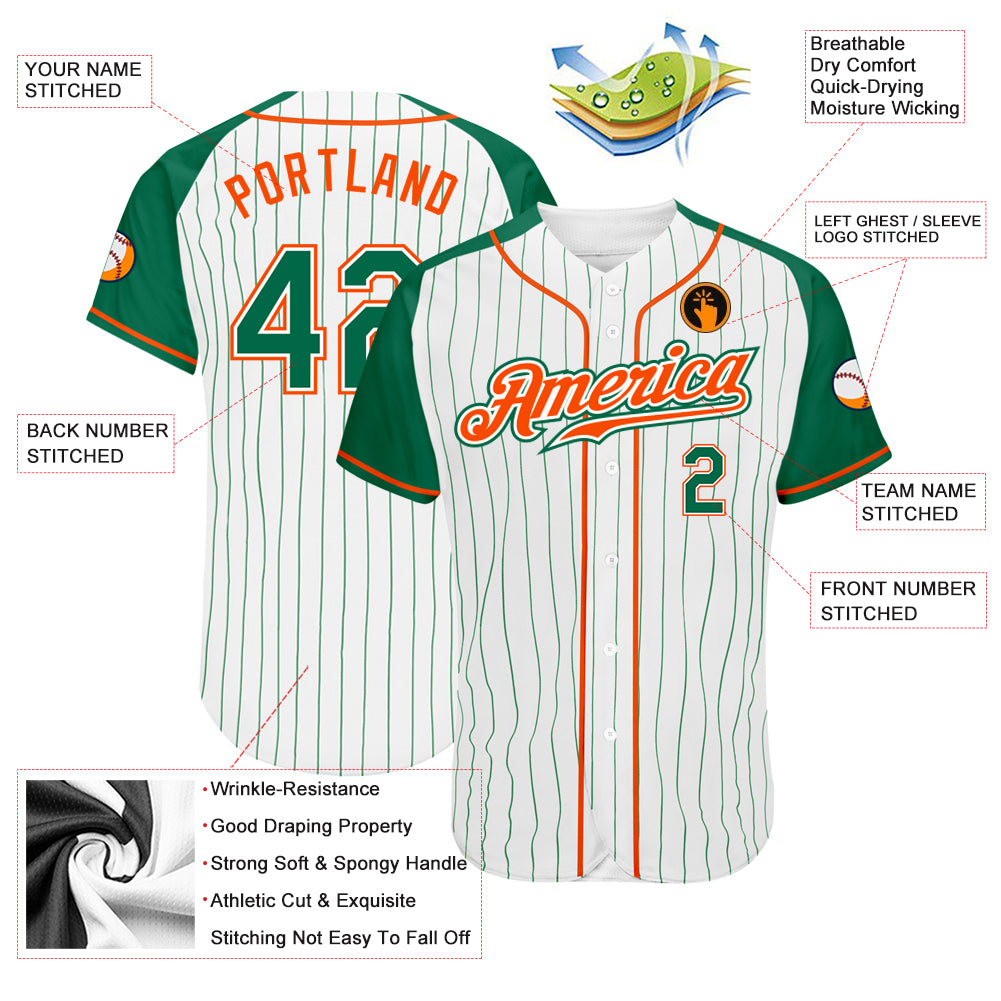Custom White Kelly Green Pinstripe Kelly Green-Orange Authentic Raglan Sleeves Baseball Jersey