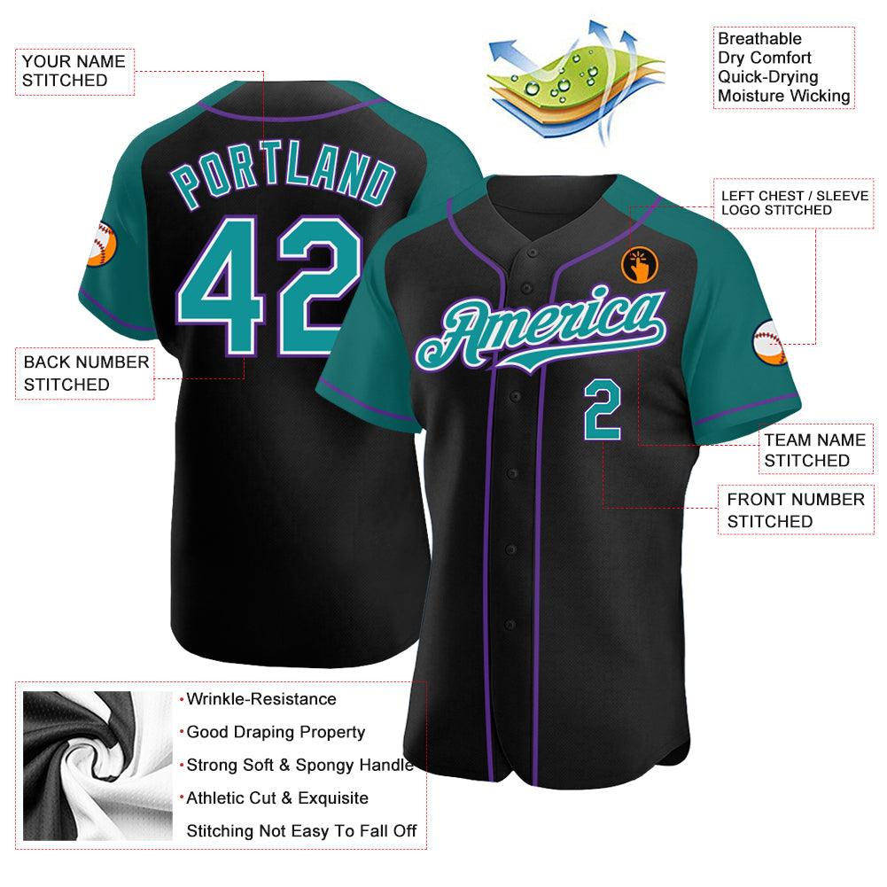 Custom Black Teal-Purple Authentic Raglan Sleeves Baseball Jersey