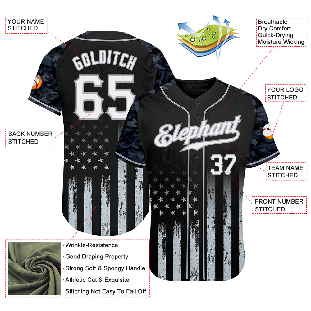 Custom Black White-Gray Camo Raglan Sleeves American Flag Patriotic Authentic Baseball Jersey