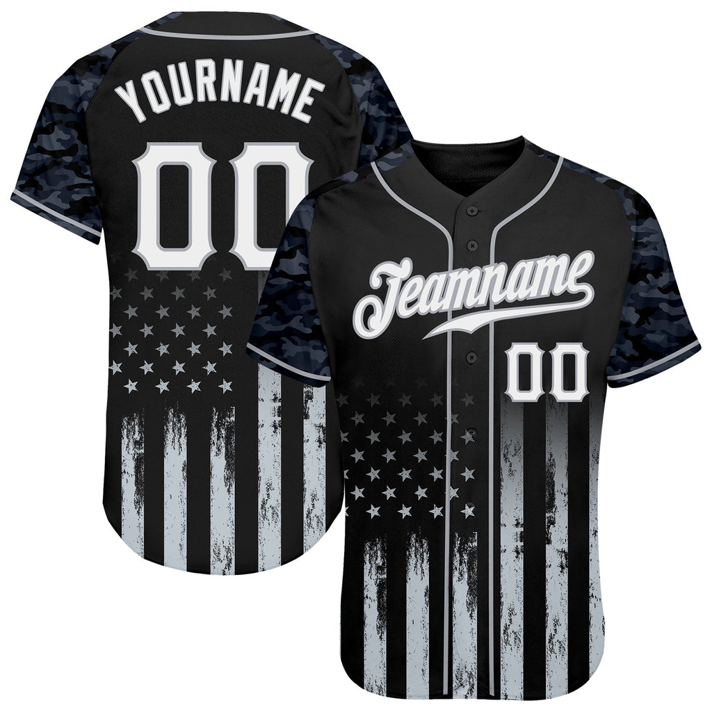 Custom Black White-Gray Camo Raglan Sleeves American Flag Patriotic Authentic Baseball Jersey