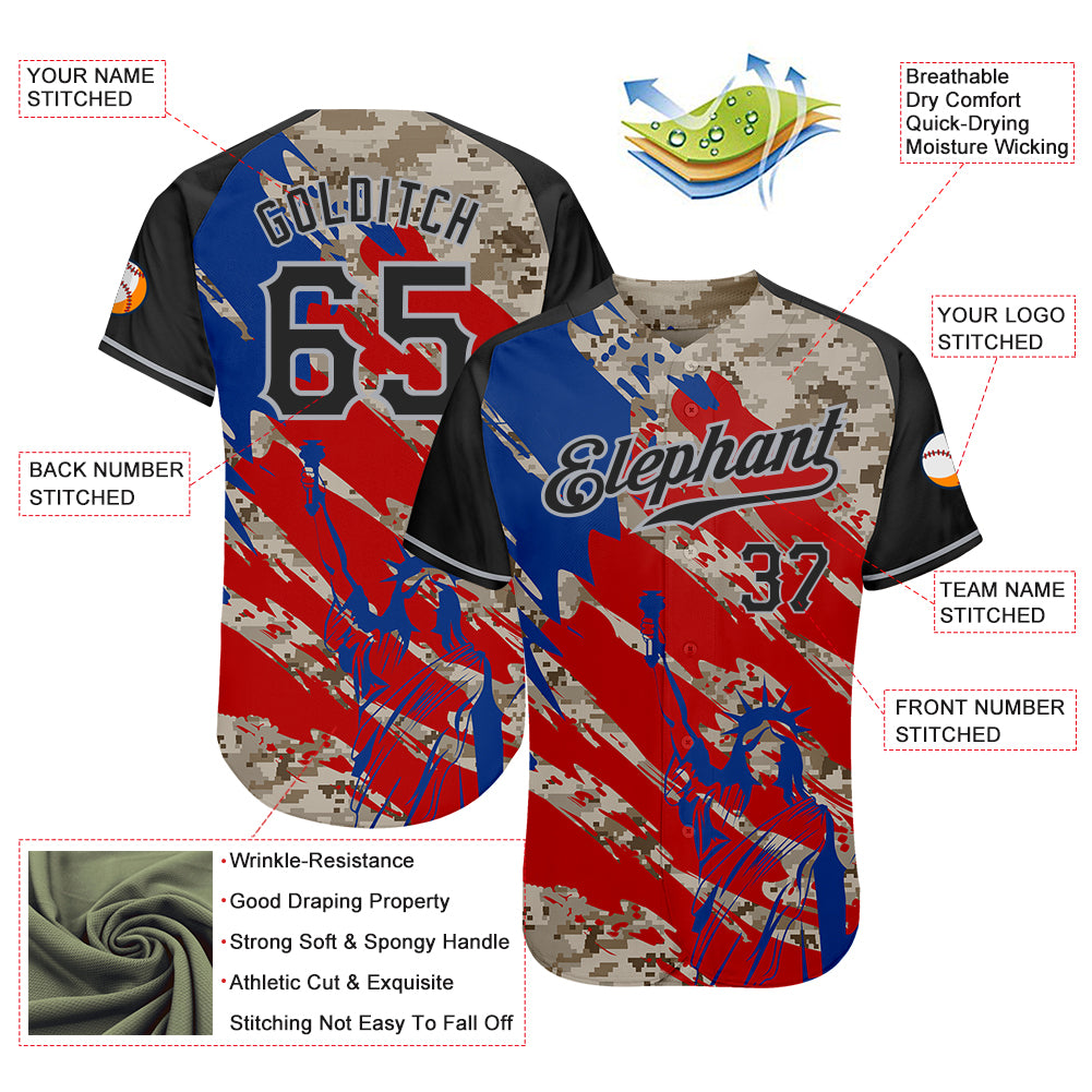 Custom Camo Black Red-Gray American Flag Statue Of Liberty Patriotic Splatter Raglan Sleeves Authentic Baseball Jersey