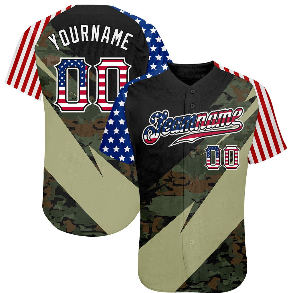 Custom Camo USA Flag Red Blue Black-White Patriotic Stars & Stripes Raglan Sleeves Authentic Baseball Jersey
