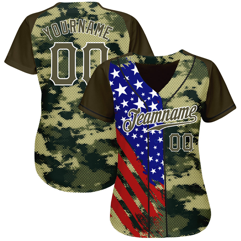 Custom Camo Olive Red Blue Black-White American Flag Side Stripe Patriotic Digital Woodland Camouflage Raglan Sleeves Authentic Baseball Jersey