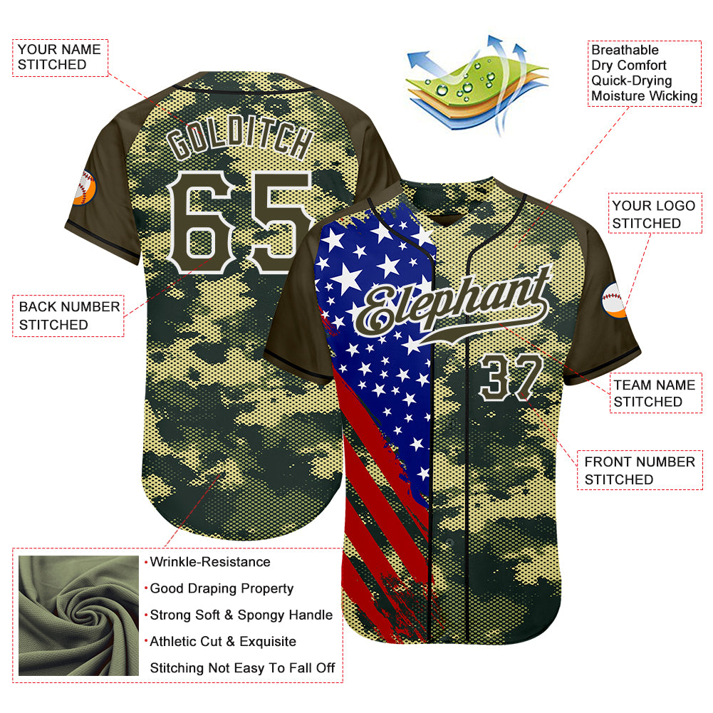 Custom Camo Olive Red Blue Black-White American Flag Side Stripe Patriotic Digital Woodland Camouflage Raglan Sleeves Authentic Baseball Jersey