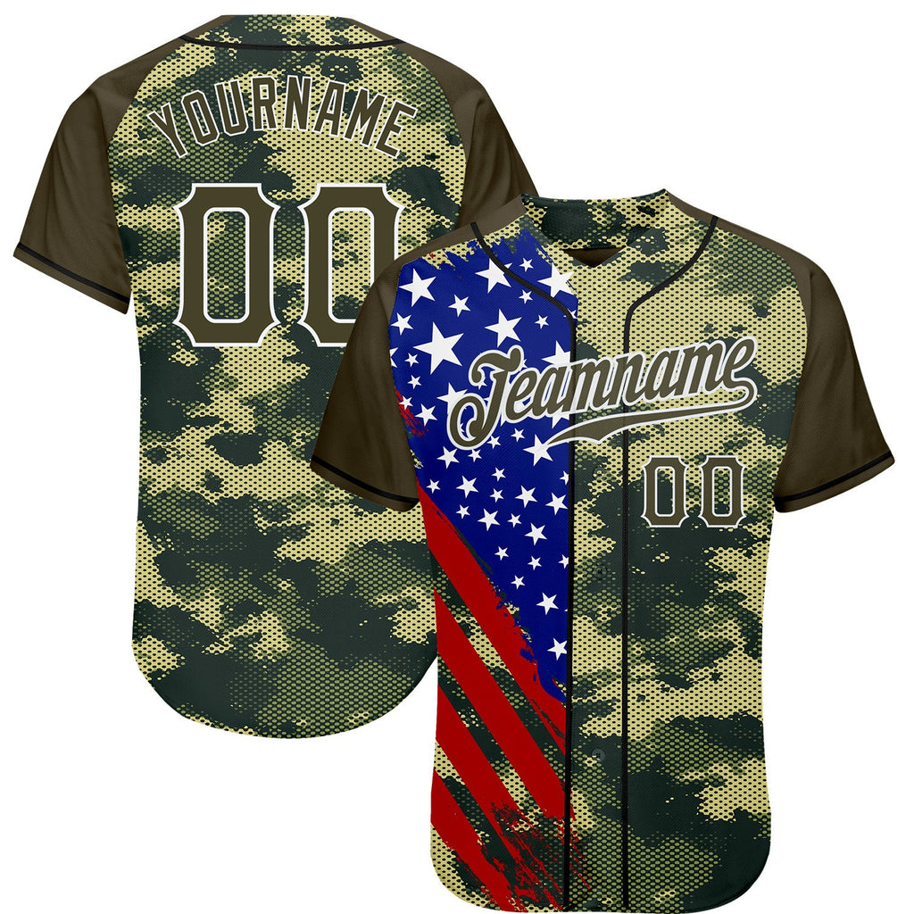 Custom Camo Olive Red Blue Black-White American Flag Side Stripe Patriotic Digital Woodland Camouflage Raglan Sleeves Authentic Baseball Jersey