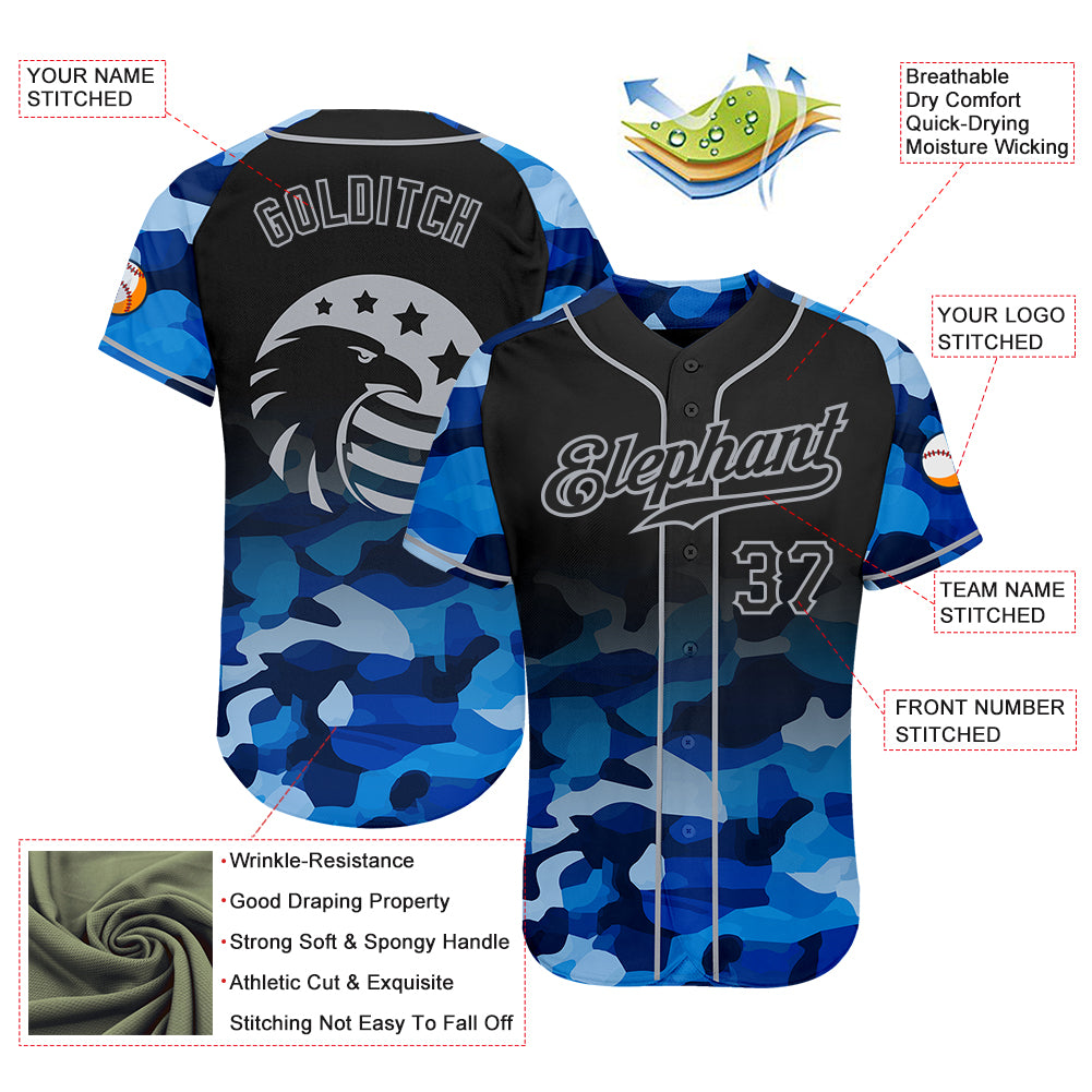 Custom Camo Black-Gray American Flag Patriotic Eagle Raglan Sleeves Authentic Baseball Jersey