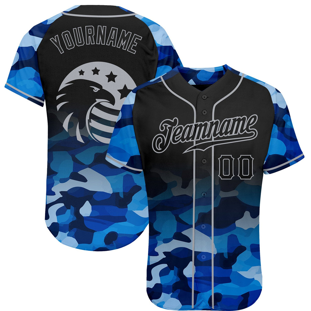 Custom Camo Black-Gray American Flag Patriotic Eagle Raglan Sleeves Authentic Baseball Jersey