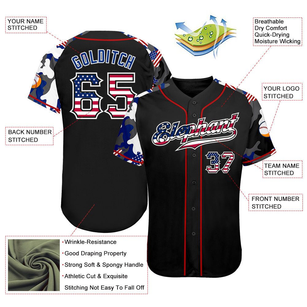Custom Black USA Flag Red-White Patriotic Camo Raglan Sleeves Authentic Baseball Jersey