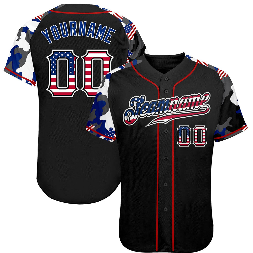 Custom Black USA Flag Red-White Patriotic Camo Raglan Sleeves Authentic Baseball Jersey