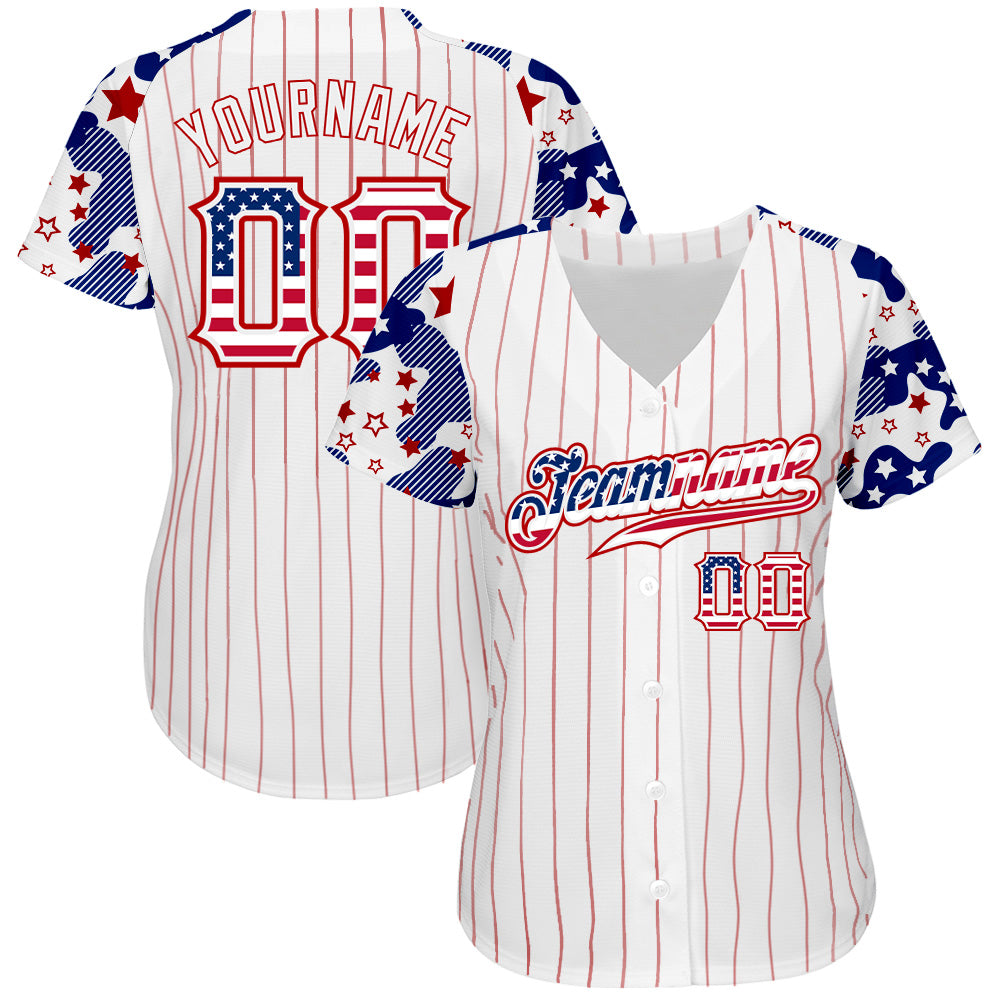 Custom White Red Pinstripe USA Flag-Blue Patriotic Stars & Stripes Raglan Sleeves Authentic Baseball Jersey