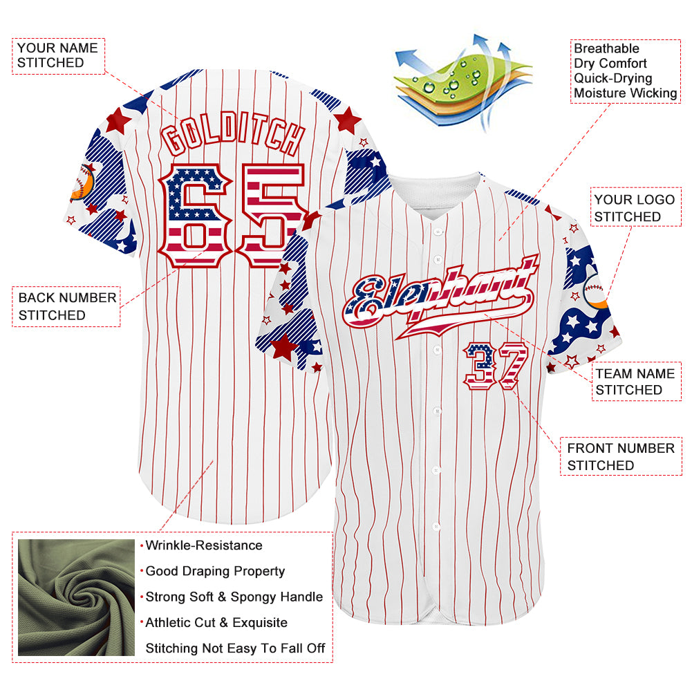 Custom White Red Pinstripe USA Flag-Blue Patriotic Stars & Stripes Raglan Sleeves Authentic Baseball Jersey