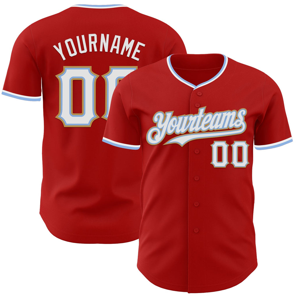 Custom Red White Light Blue-Old Gold Authentic Baseball Jersey