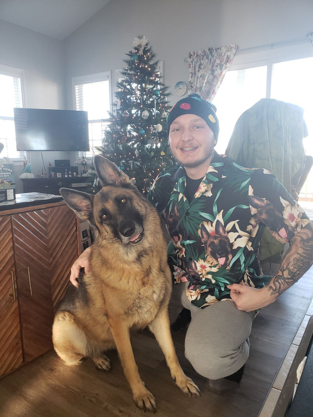 Custom Hawaiian Shirt For Dog Lovers | Personalized Puppy Lovers Gift | Leaves & Flowers Pattern Dark Green Color Aloha Shirt