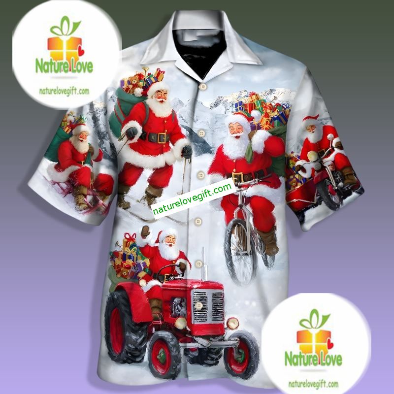 Santa Claus Bring Gift With Bike Grey Hawaiian Shirt Dress