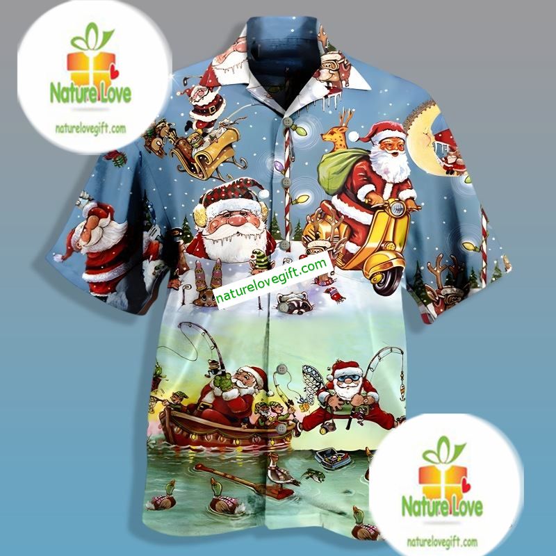 Santa Claus Go Fishing Blue Fancy Hawaiian Shirts