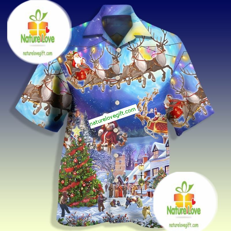 Santa Claus Snow Night Blue Retro Hawaiian Shirts