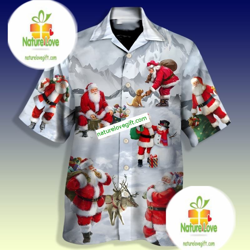Santa Claus Snowman And Dog In The Snow Mountain Grey Authentic Hawaiian Shirts