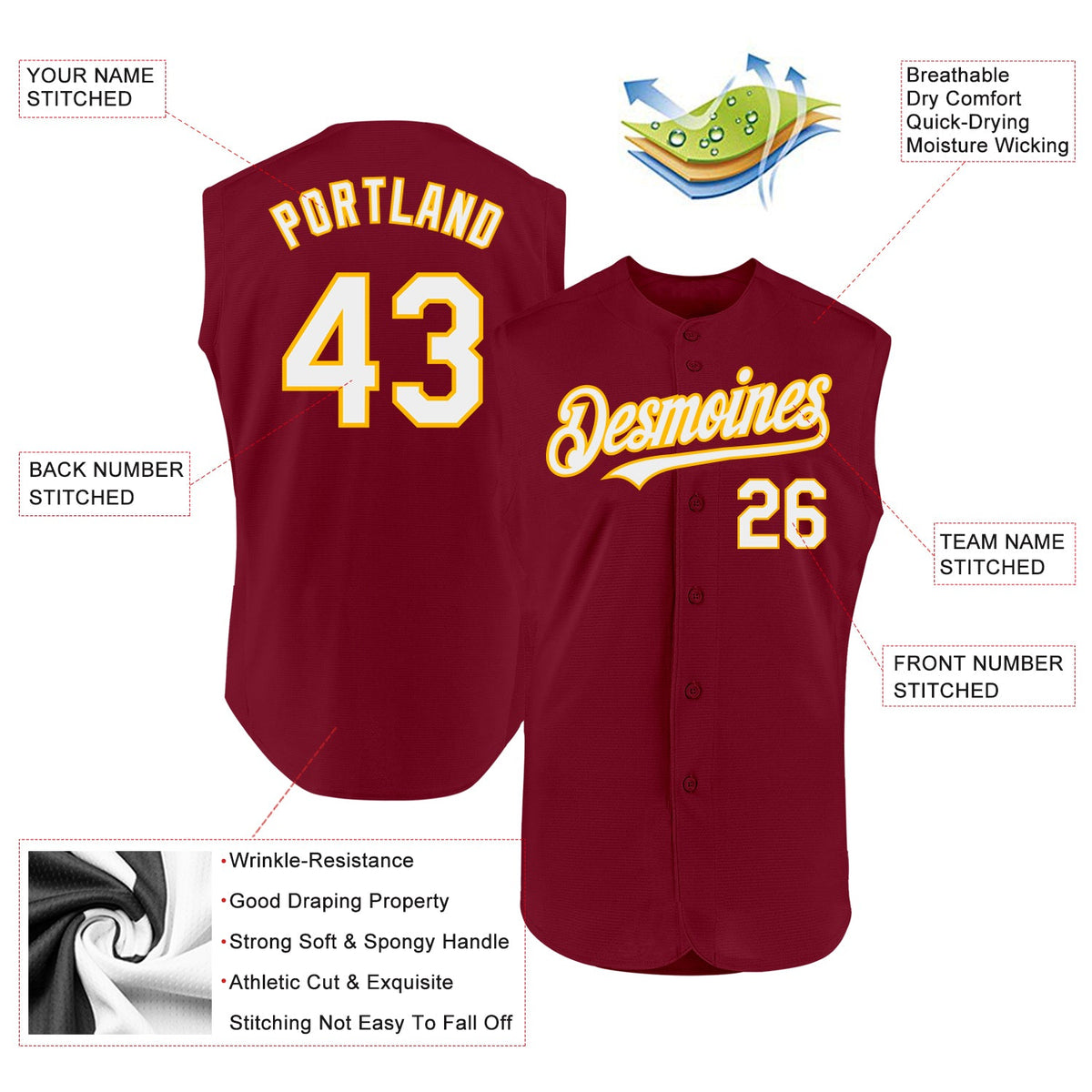 Custom Crimson White-Gold Authentic Sleeveless Baseball Jersey
