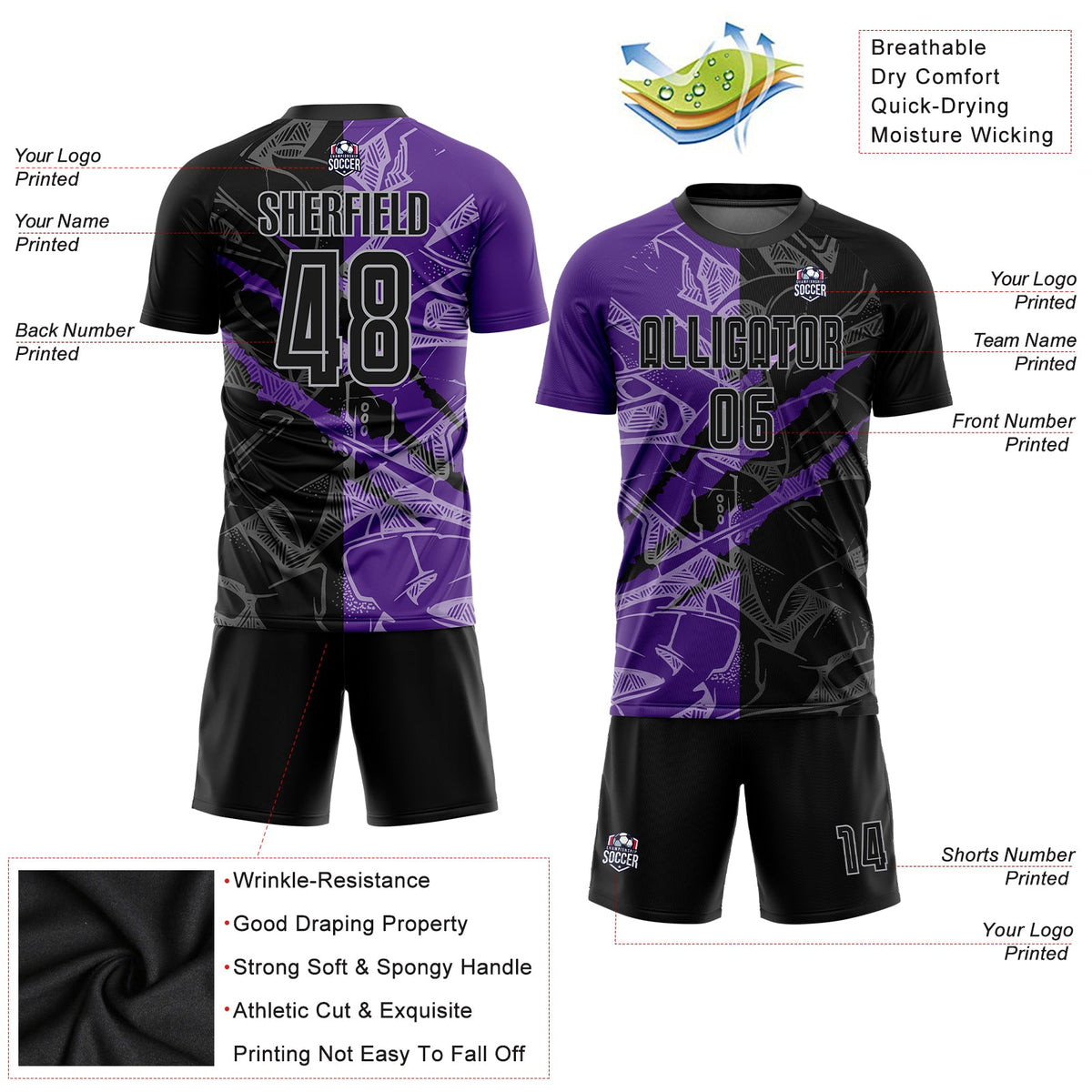 Custom Graffiti Pattern Black Purple-Gray Scratch Sublimation Soccer Uniform Jersey