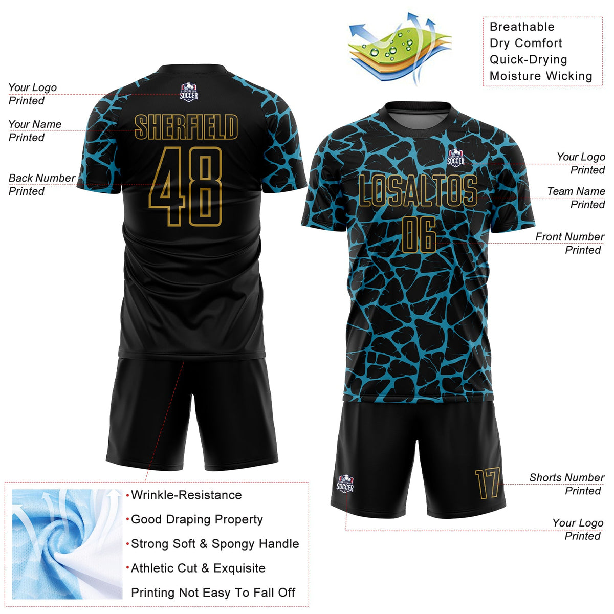 Custom Black Panther Blue-Old Gold Abstract Network Splash Sublimation Soccer Uniform Jersey