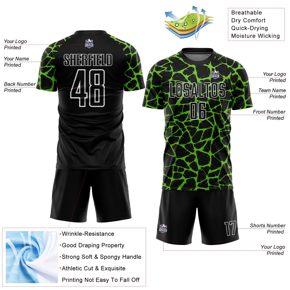 Custom Black Aurora Green-White Abstract Network Splash Sublimation Soccer Uniform Jersey