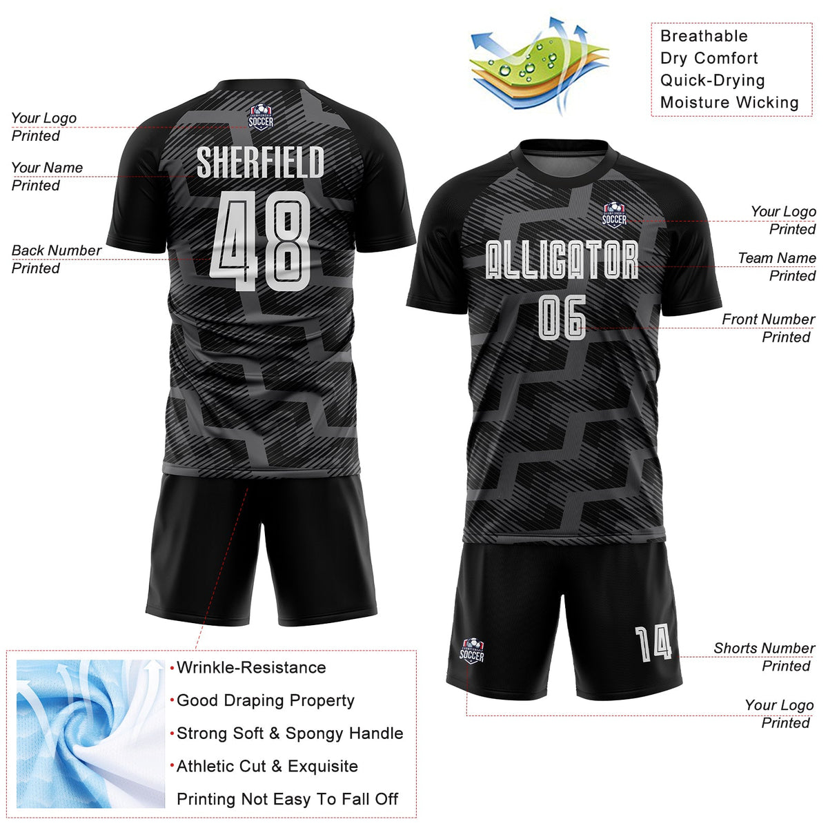 Custom Black White-Steel Gray Line Sublimation Soccer Uniform Jersey