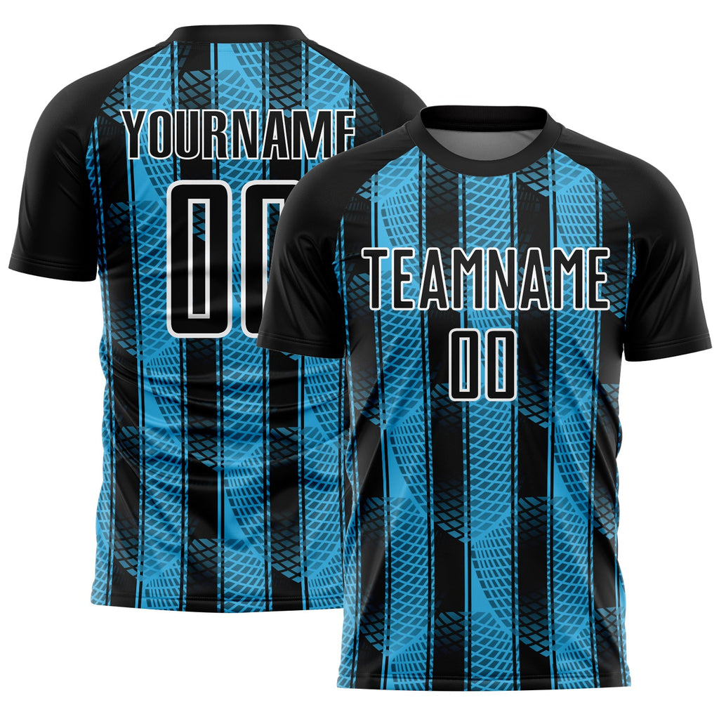 Custom Black Sky Blue-White Abstract Network Sublimation Soccer Uniform Jersey