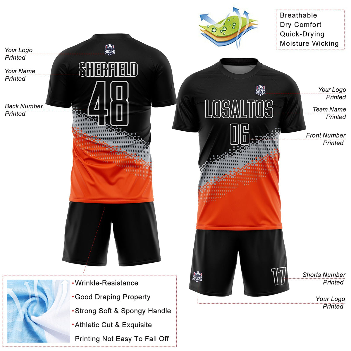 Custom Black Gray-Orange Gradient Geometric Shape Sublimation Soccer Uniform Jersey