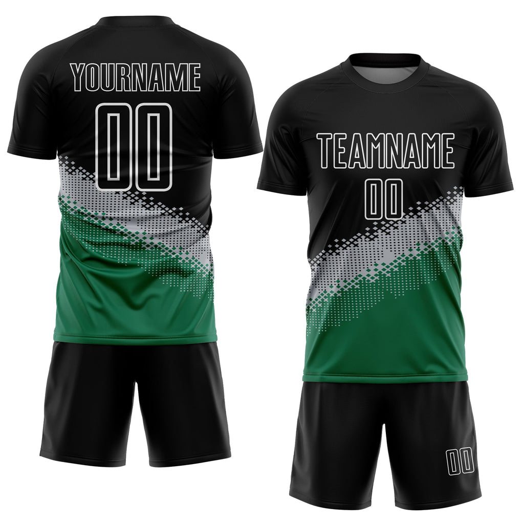 Custom Black Gray-Kelly Green Gradient Geometric Shape Sublimation Soccer Uniform Jersey