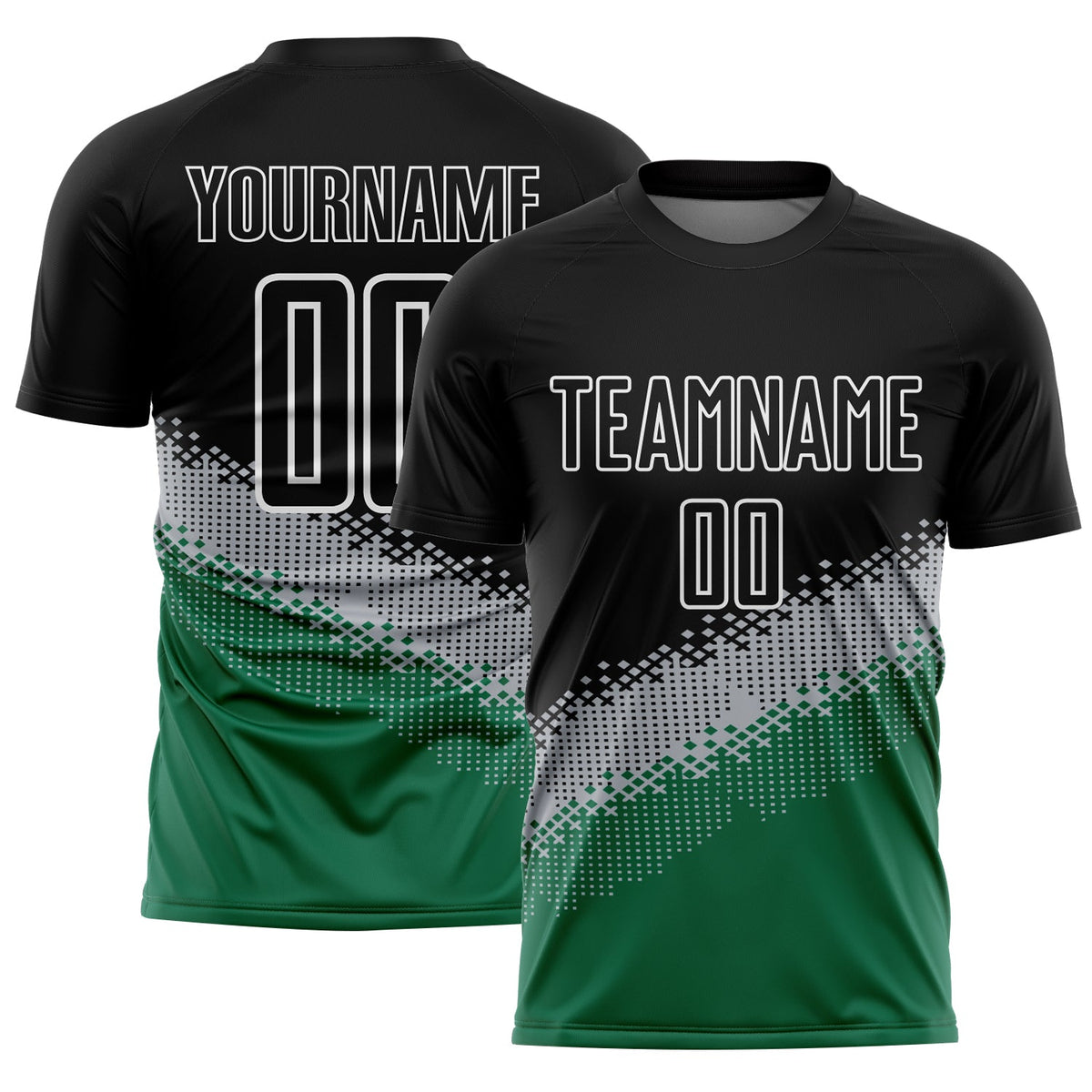 Custom Black Gray-Kelly Green Gradient Geometric Shape Sublimation Soccer Uniform Jersey