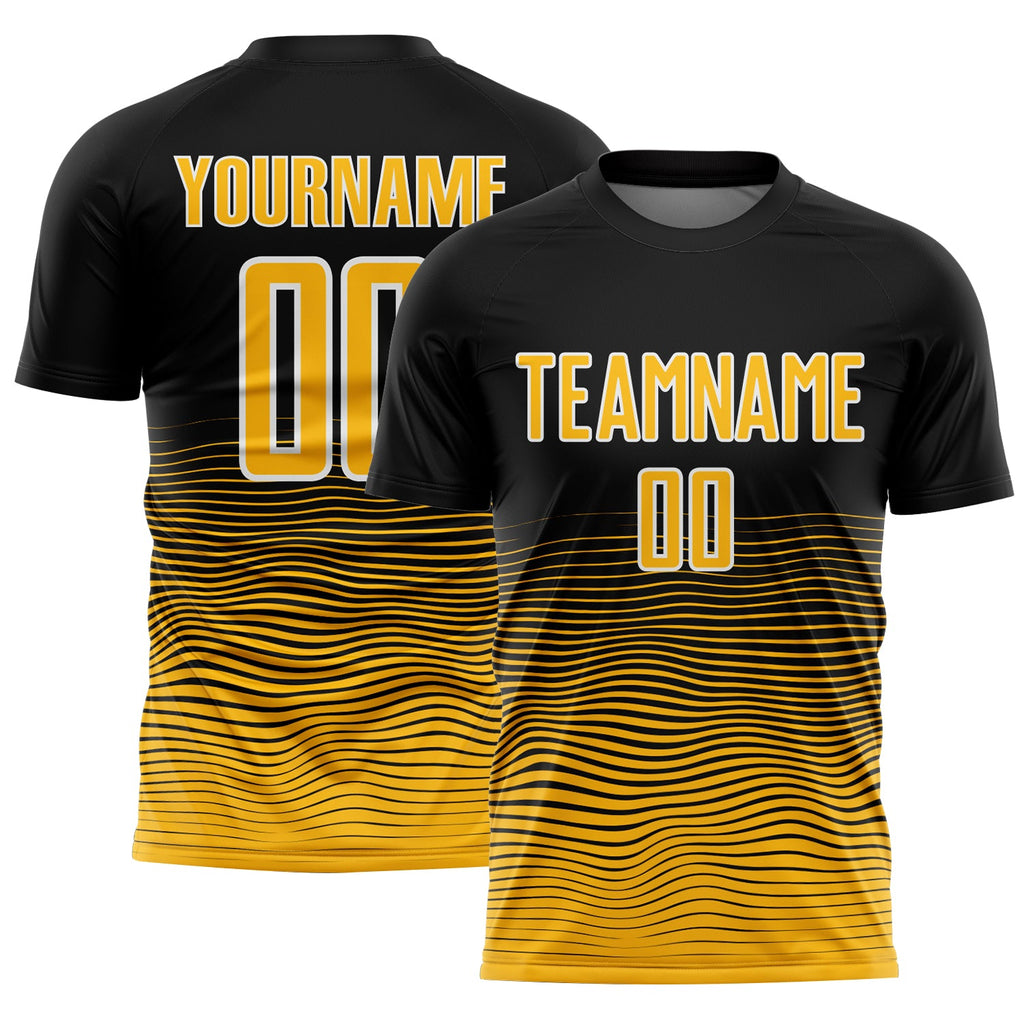 Custom Black Gold-White Gradient Line Sublimation Soccer Uniform Jersey